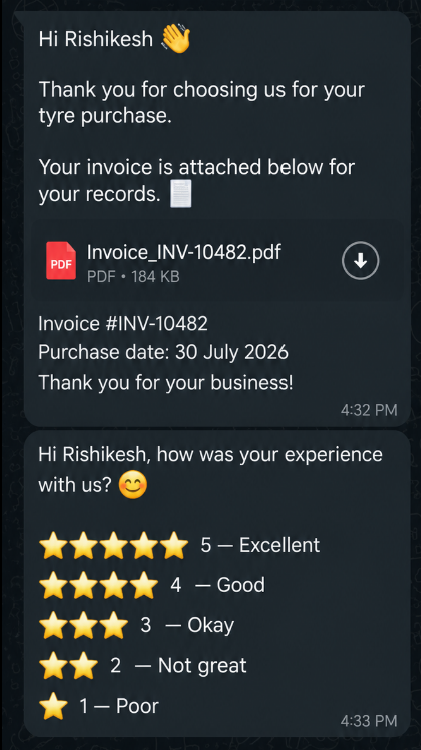 WhatsApp invoice + feedback star rating